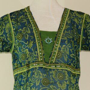 Diya Green & Blue Floral Embellished Short Sleeve Semi Sheer Tunic Size M C1083